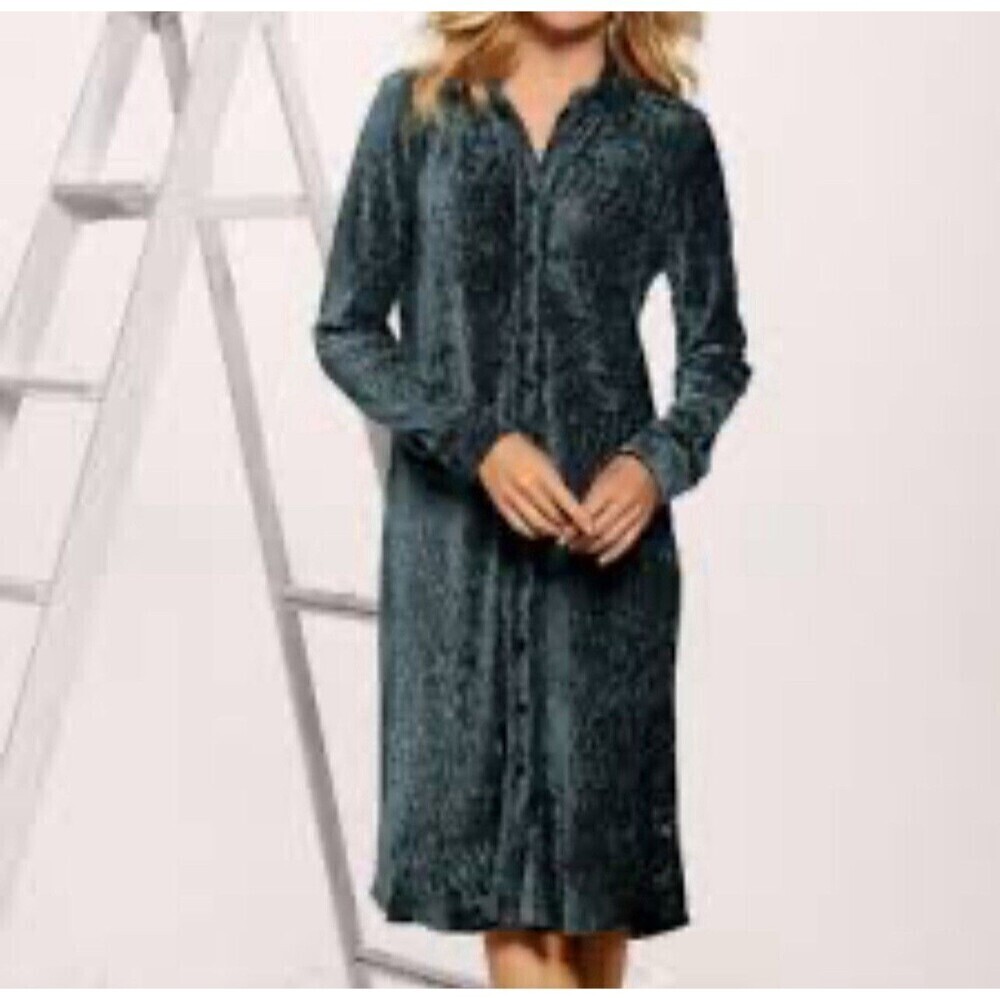 Soft Surroundings Velvet Crinkle Shirt Dress Womens PS Teal Silver Long Sleeve